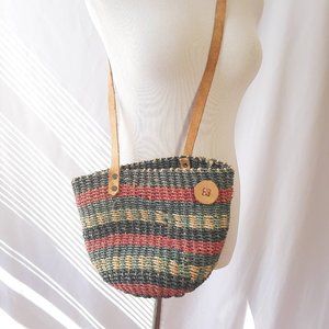 Vtg Woven Red & Blue Striped Straw Shoulder Crossbody Purse Natural Weave
